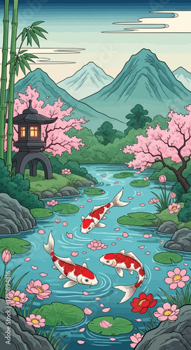 Serene pond with koi fish and cherry blossoms in a mountainous landscape.