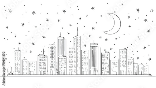 Modern Cityscape Outline with Buildings at Night - Abstract Urban Skyline Illustration