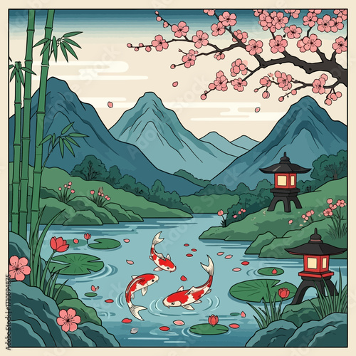Serene Japanese garden with koi pond mountains and cherry blossoms