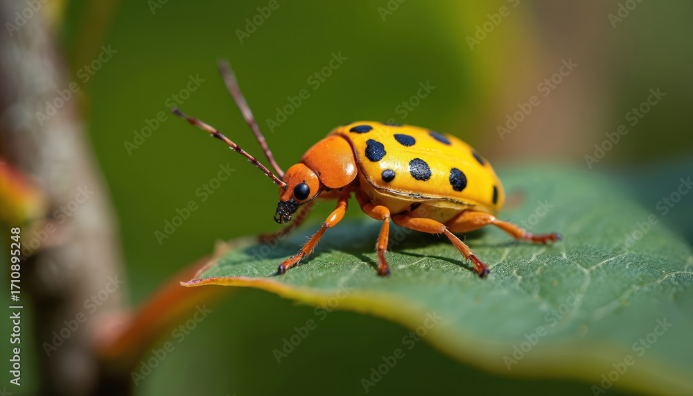 Fototapeta premium Bright yellow beetle with black spots rests on green leaf in sunlight. Orange head, legs contrast with dark body markings. Macro view of insect, nature detail, tiny creature macro photography,