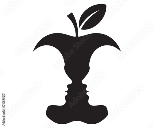 Apple core silhouette with human faces optical illusion vector design