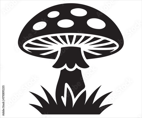 Mushroom silhouette with grass edible fungi vector illustration