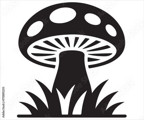 Mushroom silhouette with grass isolated on white background, edible fungi vector illustration, forest plant symbol, organic food graphic design, natural nutrition icon for cooking, farming, biology, a