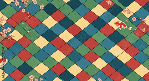 Colorful geometric pattern with floral elements.