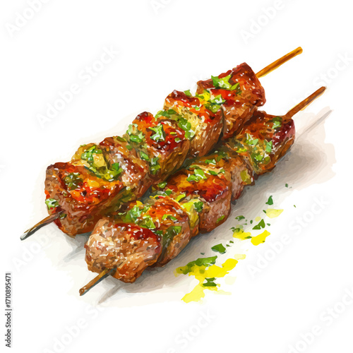 Lamb Kebabs in watercolor style, vector illustration, isolated on white background.