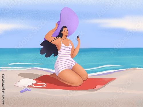 Young woman in a big sun hat relaxing on the beach. Hand drawn illustration