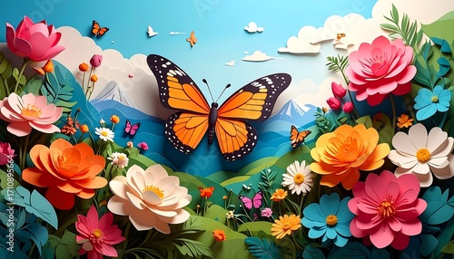 Fototapeta Naklejka Na Ścianę i Meble -  Vibrant Paper Flower Meadow with Monarch Butterfly