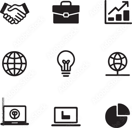 Obraz na płótnie Collection of black and white icons representing business handshake, briefcase, growth chart, global globe, light bulb, and digital tech