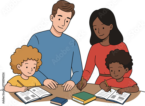 Family studying together at home, parents helping children with homework, education, writing, teamwork, learning, support, bonding, books, love, togetherness