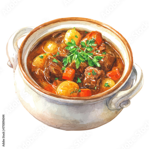 Lamb Stew, watercolor painting, vector illustration, isolated on a white background.