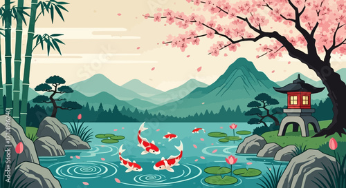 Serene pond with koi fish bamboo and cherry blossoms.
