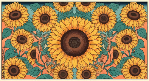 Pattern of sunflowers with green leaves and orange background.