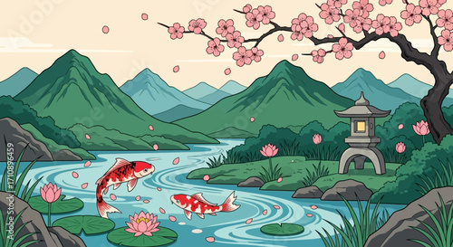Serene river scene with koi fish and cherry blossoms.