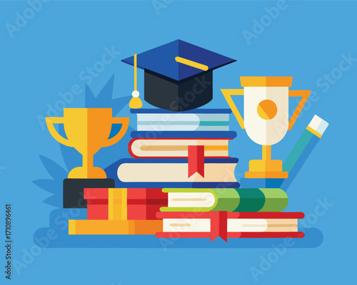 Academic Achievement Stack with Graduation Cap and Trophies on Blue Background