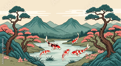Koi fish swim in a tranquil pond surrounded by trees and mountains.