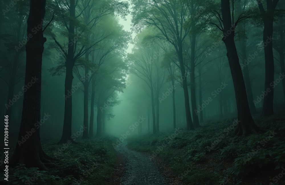 Fototapeta premium Misty forest path with tall trees lining the way. Dark green leaves cover the ground. Foggy atmosphere creates an eerie and mysterious mood. Peaceful nature scene.