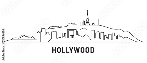 Hollywood Line Art skyline horizontal banner. Hollywood, California. Vector template for your design. with white background