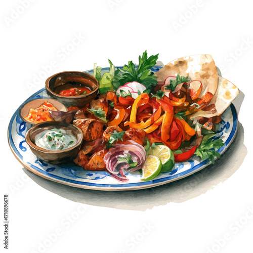 Fajita Platter in watercolor style, vector illustration, isolated on white background.