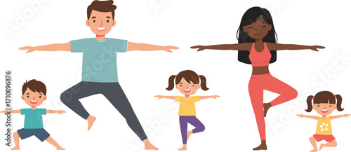 Family yoga at home, diverse group, tree pose, kids and parents exercising, wellness, bonding, fitness, healthy lifestyle, indoor activity