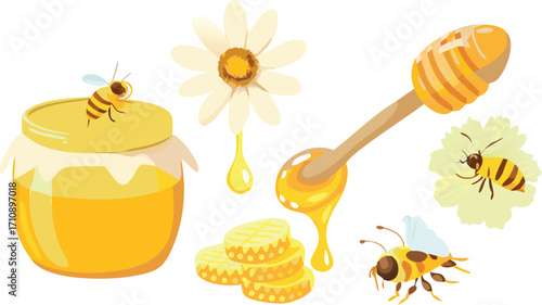 Delicious, golden honey with a wooden dipper and honeycomb is a healthy, natural dessert in a glass jar