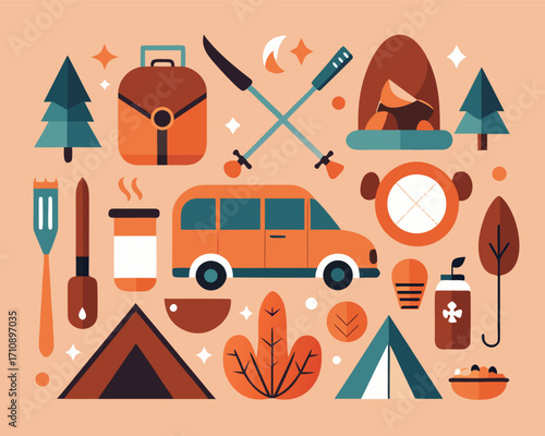 Camping and Outdoor Adventure Flat Design Illustration Featuring Tent Van and Forest
