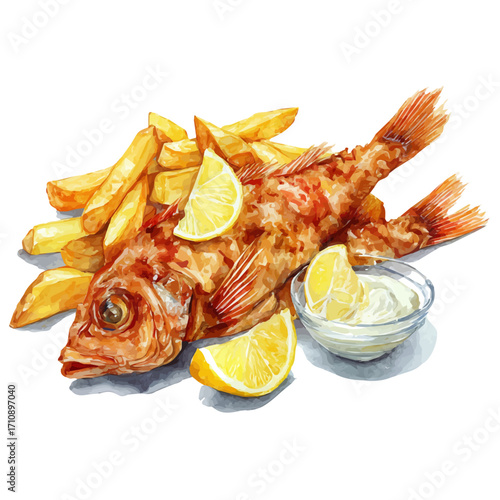 Fish And Chips in watercolor style, vector illustration, isolated on white background.