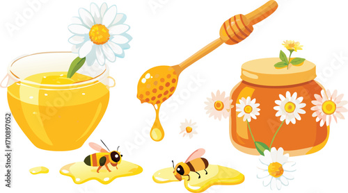 Cartoon illustration of a honey bee and flowers in a honey pot