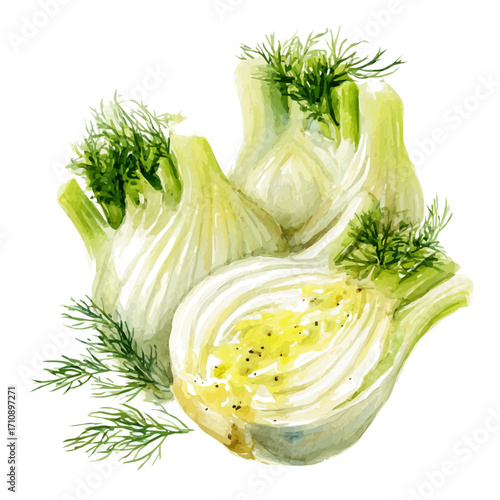 Watercolor vector illustration of Fennel Salad, isolated on white background.