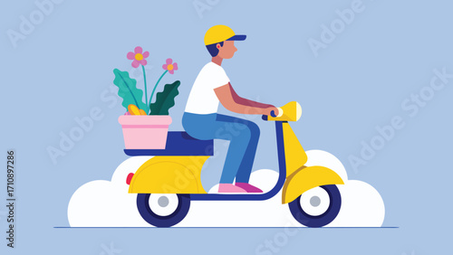 Flower Delivery Service with Scooter and Flowers in Pot Illustration
