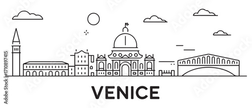 Venice Line Art skyline horizontal banner. Black Venice City, Italy. Vector template for your design. with white background