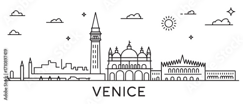 Venice Line Art skyline horizontal banner. Black Venice City, Italy. Vector template for your design. with white background