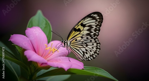 Close-Up of Patterned Butterfly on Pink Flower Against Soft Purple Blur