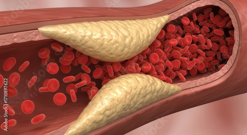 Artery blockage with plaque and red blood cells in human cardiovascular system