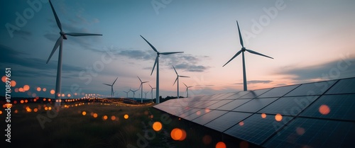 Renewable energy sources with wind turbines and solar panels at twilight scenery