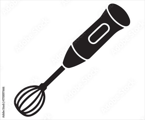 Electric hand blender whisk silhouette isolated on white background, kitchen appliance vector illustration, cooking tool graphic symbol, food preparation equipment design icon for culinary, bakery, an