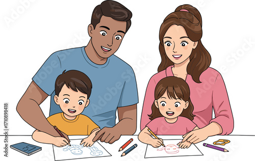 Family, children, parents, drawing, coloring, creativity, bonding, crayons, learning, teamwork, fun, home, smiling, interaction, teaching, support, together, art, happy, activity
