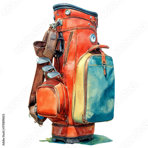 Golf Bag, watercolor painting, vector illustration, isolated on a white background.