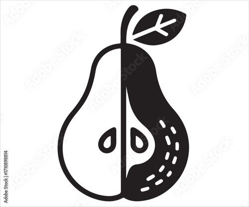 Pear fruit silhouette cut in half with seeds and leaf isolated on white background, healthy food vector illustration, organic fruit graphic design symbol, fresh nutrition icon for diet, farming, and c