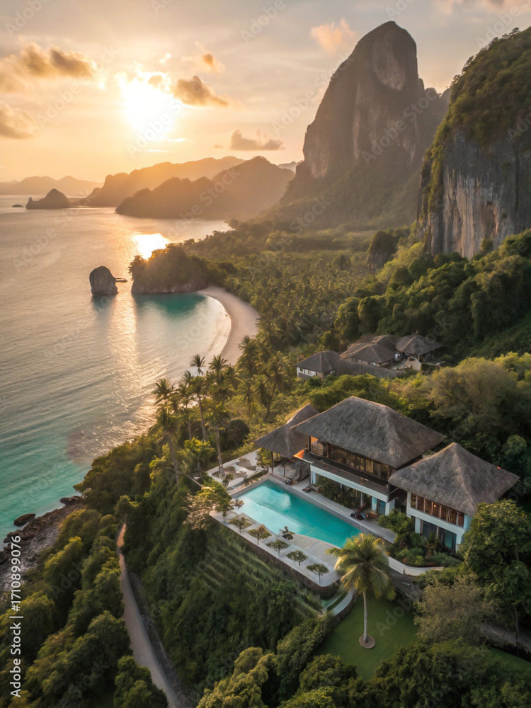 Fototapeta premium Luxury tropical resort with infinity pool overlooking a scenic bay at sunset