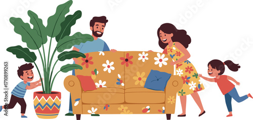Family, home, living room, sofa, teamwork, children, parents, playful, bonding, organization, interior, cozy, happiness, fun, interaction, parenting, floral, plant, cheerful, togetherness