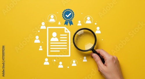 Talent acquisition and recruitment process. A human resources manager uses a magnifying glass to analyze a resume, searching for the ideal candidate for a job opening