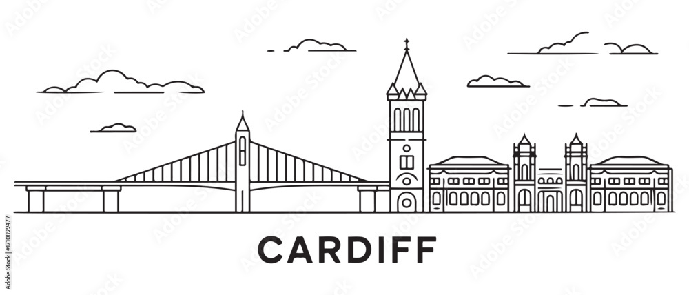 Obraz premium Cardiff Line Art skyline horizontal banner. Cardiff, Wales. Vector template for your design. with white background