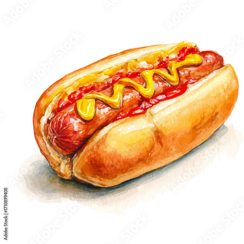 A watercolor painting of Hot Dog, vector illustration on white background.