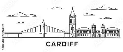Cardiff Line Art skyline horizontal banner. Cardiff, Wales. Vector template for your design. with white background