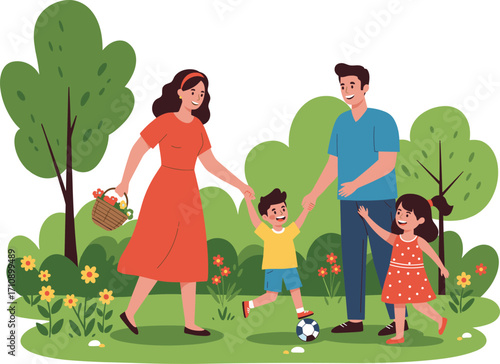 family, park parents and kids bonding, outdoor fun, picnic basket, soccer ball, flowers, greenery, cheerful moment, seasonal joy