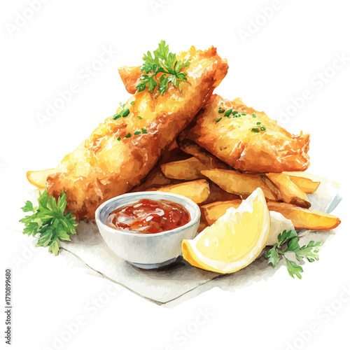 Fish And Chips, watercolor painting, vector illustration, isolated on a white background.