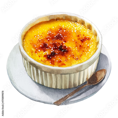 Watercolor vector illustration of Creme Brulee, isolated on white background.