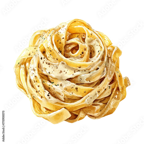Watercolor vector illustration of Fettuccine Alfredo, isolated on white background.