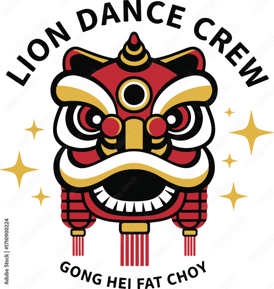 Fototapeta premium Lion Dance Crew – Traditional Chinese New Year Illustration with Gong Hei Fat Choy Greeting and Festive Lion Head