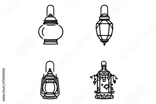 Four black and white lamp icons are displayed. The top left shows a round, traditional oil lamp with a bulbous base and a chimney